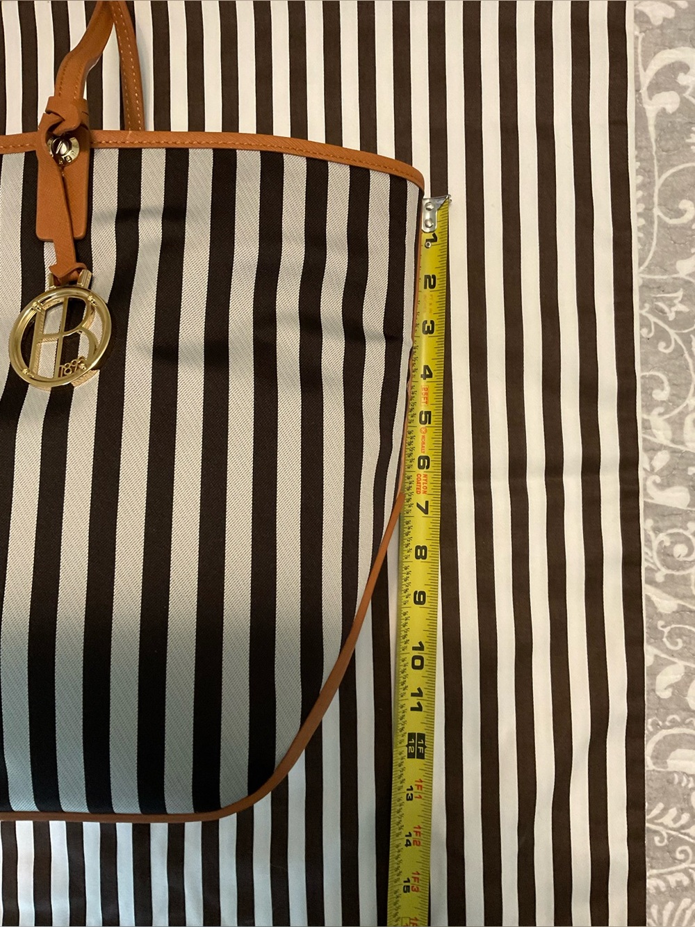 Henri Bendel Mink and Silver Premium Stripe Tote with  Chestnut Saffiano Trim - Picture 14 of 16